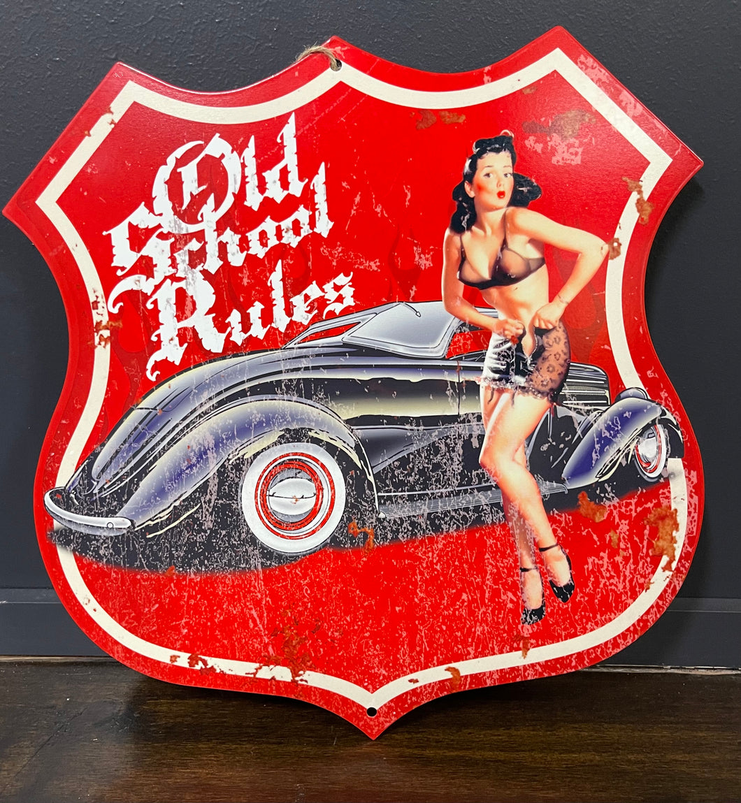 Tin Sign Old School Rules Shield