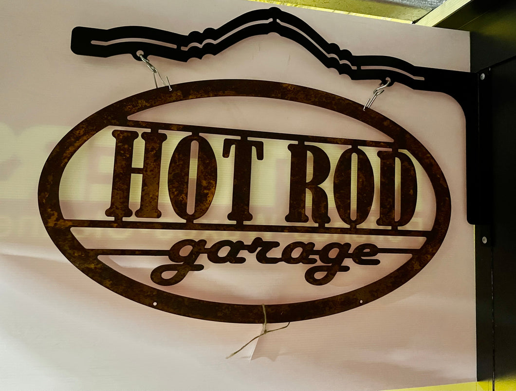Tin Sign Hot Rod Garage Rusty with Hanger